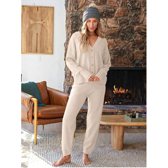 Unbranded Pants - Two Piece Loungewear Set Cardigan & Pants in Cream Color Size M